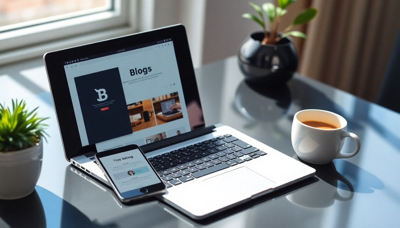 전문 블로그 콘텐츠 제작을 나타내는 디지털 작업 공간과 노트북, 스마트폰, 커피 컵 모습