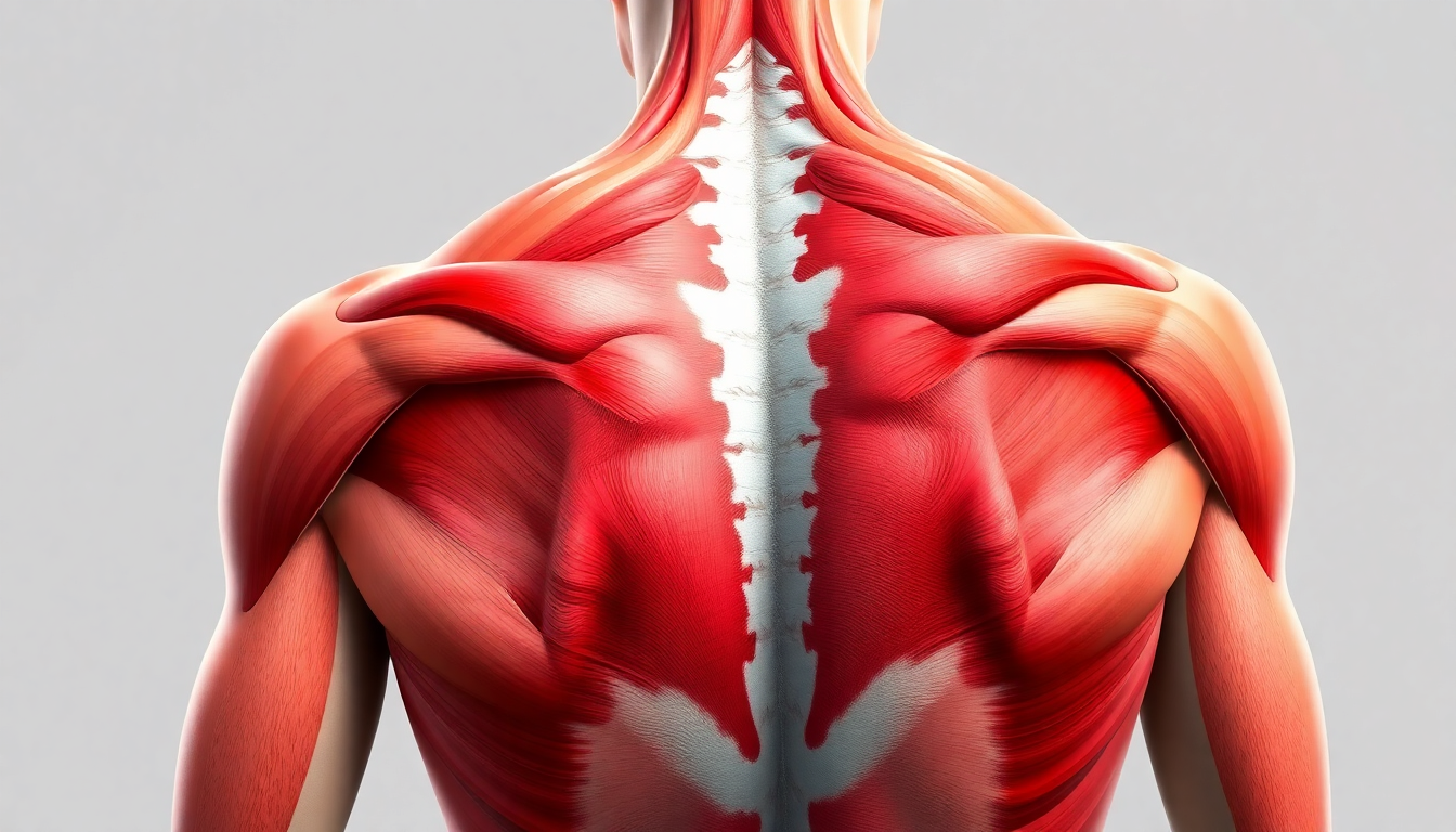 광배근, 승모근, 척추기립근 등이 강조된 사람 등의 근육 구조 이미지