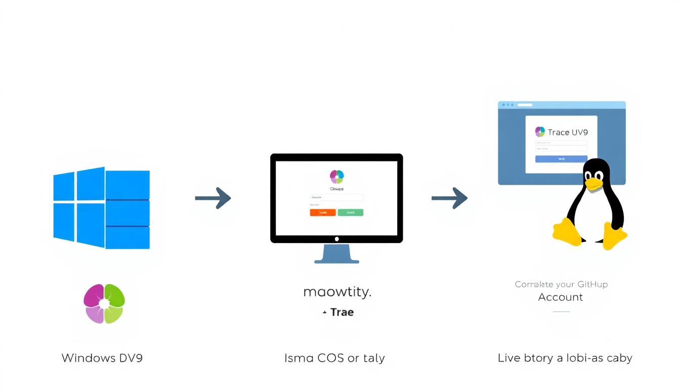 Windows, macOS, Linux용 TRAE AI 설치 및 초기 설정 과정을 보여주는 단계별 안내 이미지