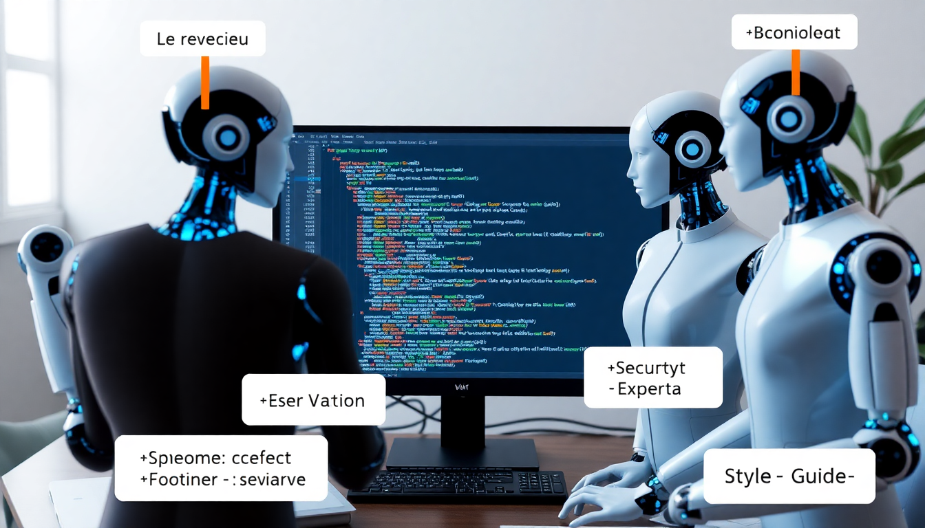 시니어 개발자, 보안 전문가, 코딩 스타일 가이드 등 명확한 역할을 가진 AI 에이전트들이 함께 협업하는 코드 리뷰 드림팀의 이미지