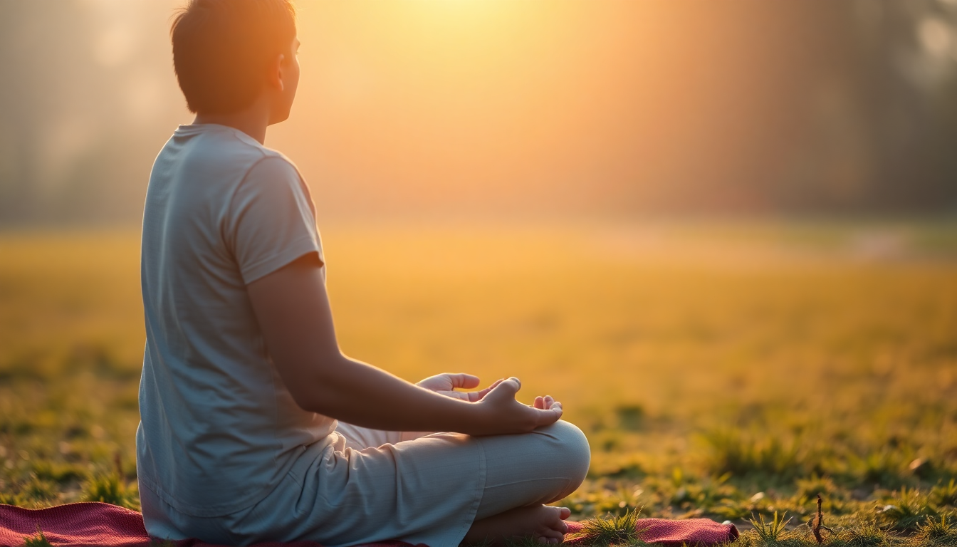 명상 수행자가 전통 좌선 자세로 고요하고 평화로운 자연 환경에서 앉아 있는 모습