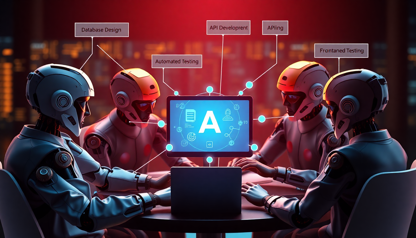 서로 협력하는 전문 AI 서브에이전트 팀을 표현한 이미지, 각기 다른 분야를 전문으로 하며 디지털 협업 환경에서 작업하는 모습