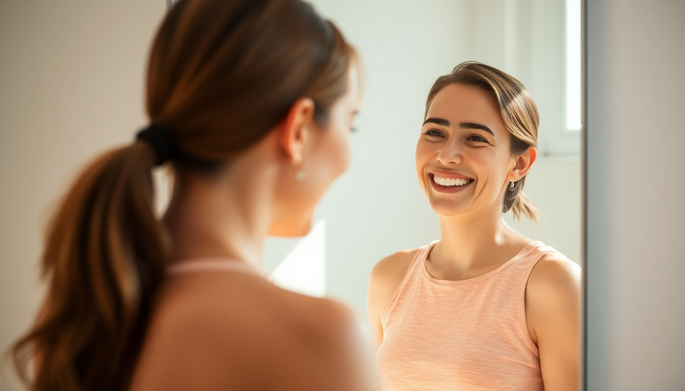 거울 앞에서 자세를 점검하며 자신감과 밝은 표정을 짓는 사람의 모습