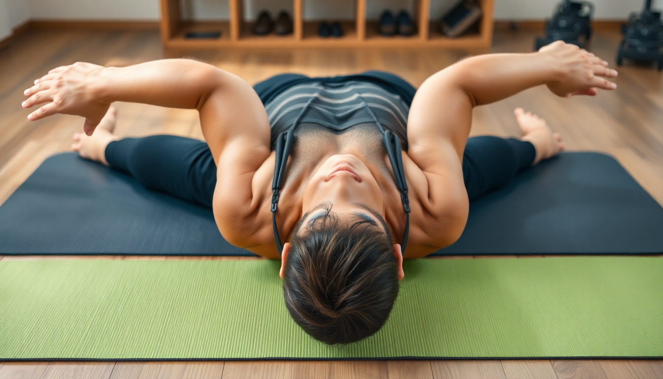 매트 위에 엎드려 Y-T-W-L 자 형태로 팔을 들어 올리는 등 근육 강화 동작