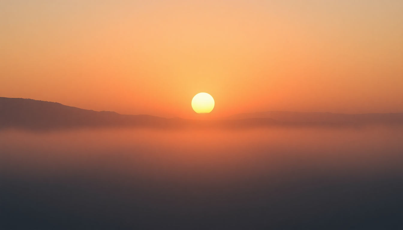 명상 초보자의 첫걸음과 희망, 점진적 성장을 상징하는 조용한 풍경 위로 떠오르는 태양 장면