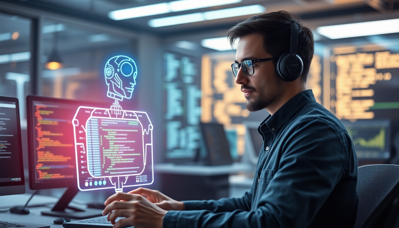 미래의 AI와 협업하는 개발자의 모습, 개발의 미래를 상징하는 이미지