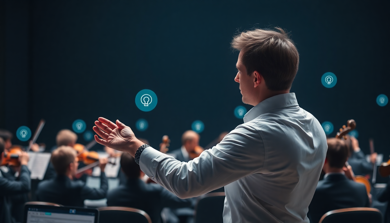 AI 에이전트들의 역할을 지휘하는 개발자의 모습, AI 오케스트라 지휘자 이미지