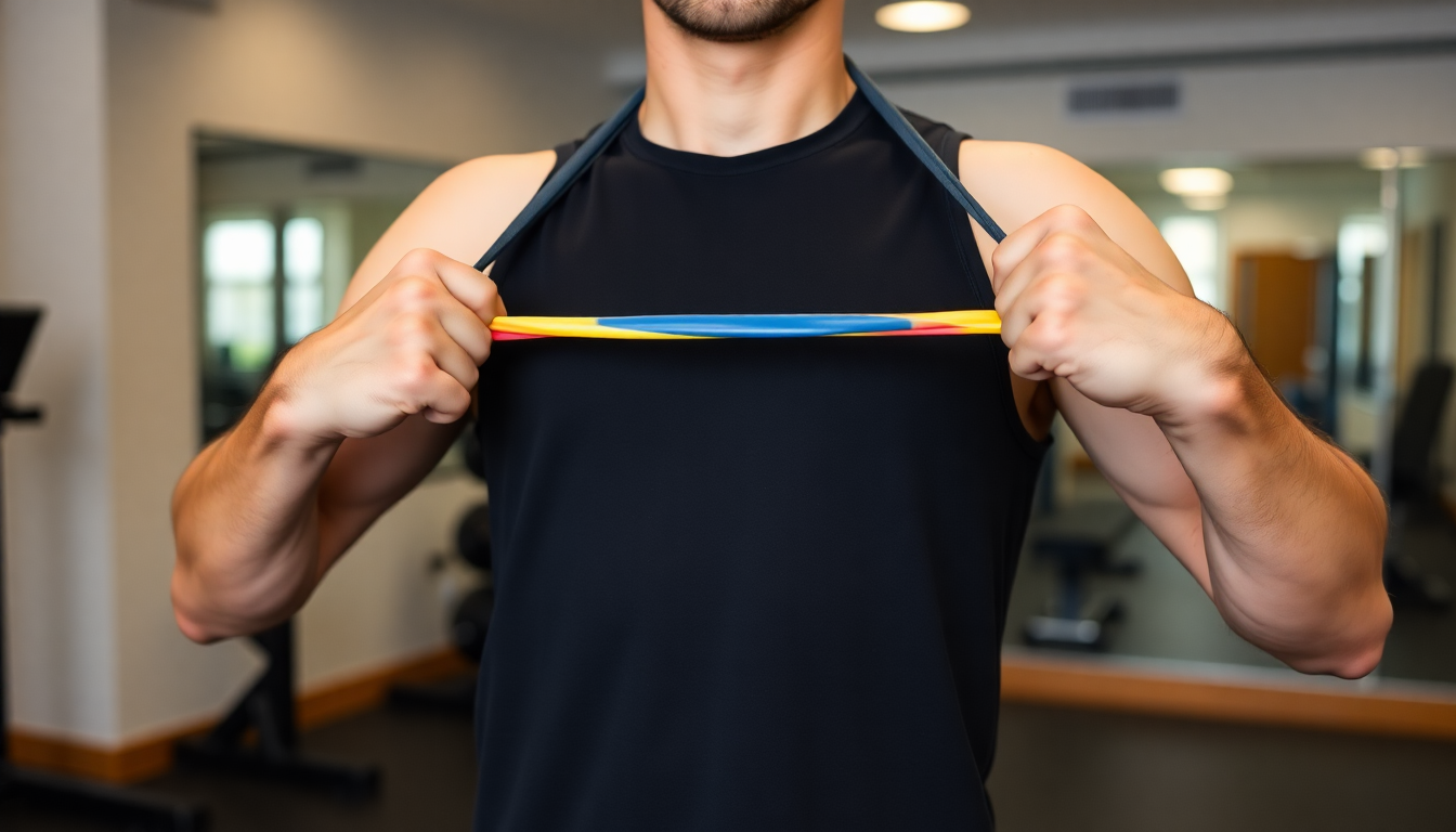 탄력 밴드를 잡고 밴드 풀 어파트 운동을 하는 모습, 어깨 주변 근육 강화 운동