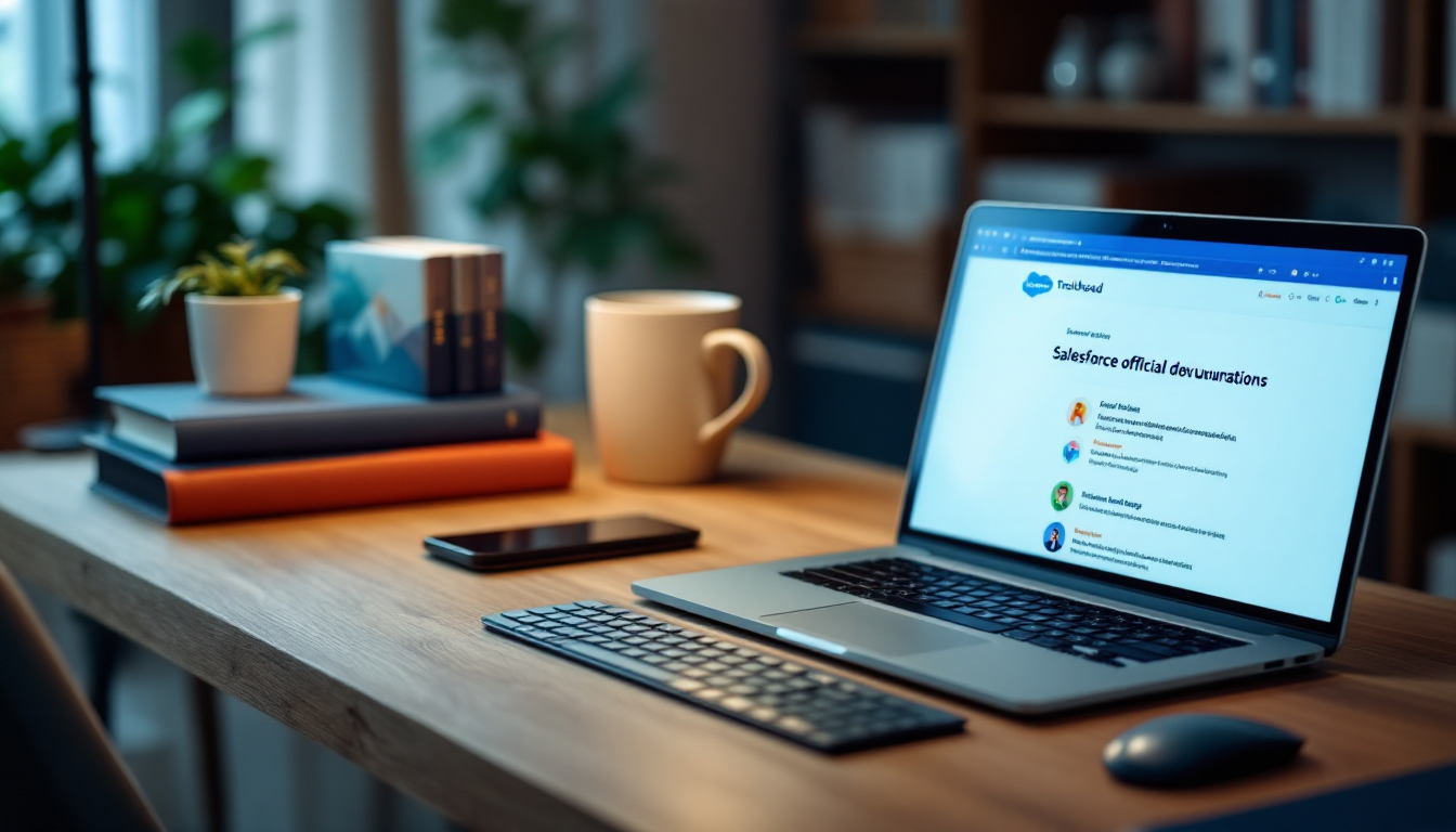 Salesforce 개발 학습 자료들이 있는 책상과 노트북 화면에 표시된 공식 문서와 온라인 학습 플랫폼 모습