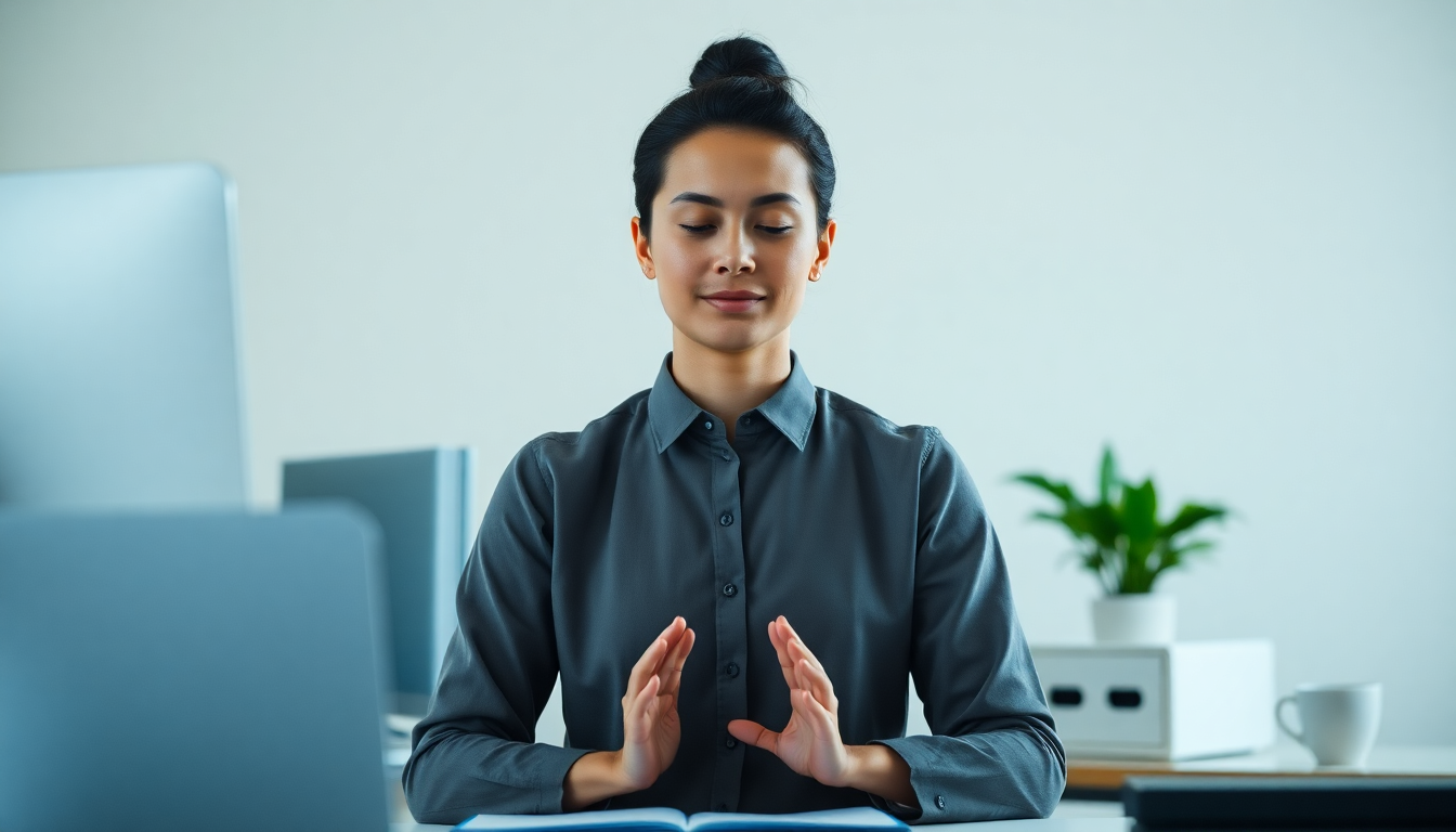 직장인 A씨가 위빠사나 명상을 통해 스트레스와 감정을 객관적으로 관찰하며 평화로워진 모습