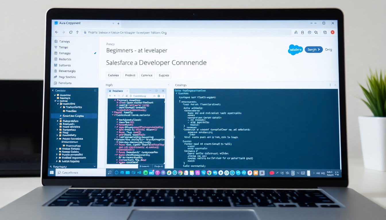 Salesforce Developer Edition Org와 Developer Console이 열려있는 개발 환경을 보여주는 초보자 친화적 작업 공간