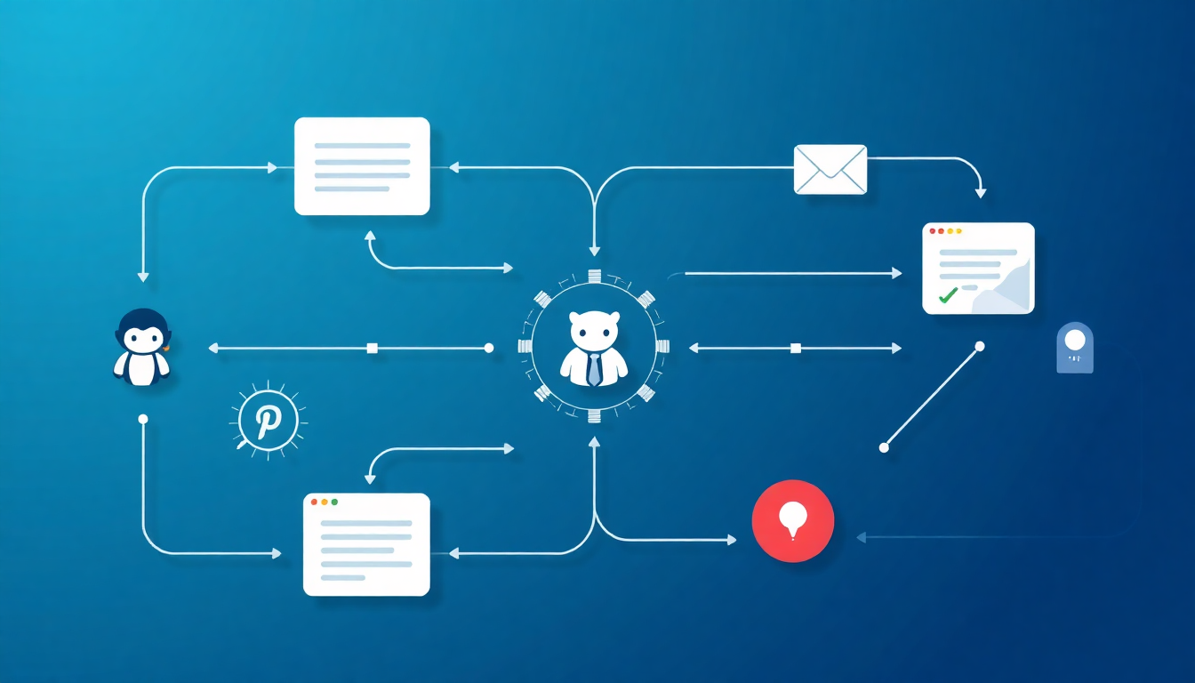 GitHub, AI 에이전트, Slack/이메일 알림이 연결된 AI 자동화된 코드 리뷰 워크플로우와 CI/CD 파이프라인 통합을 보여주는 이미지