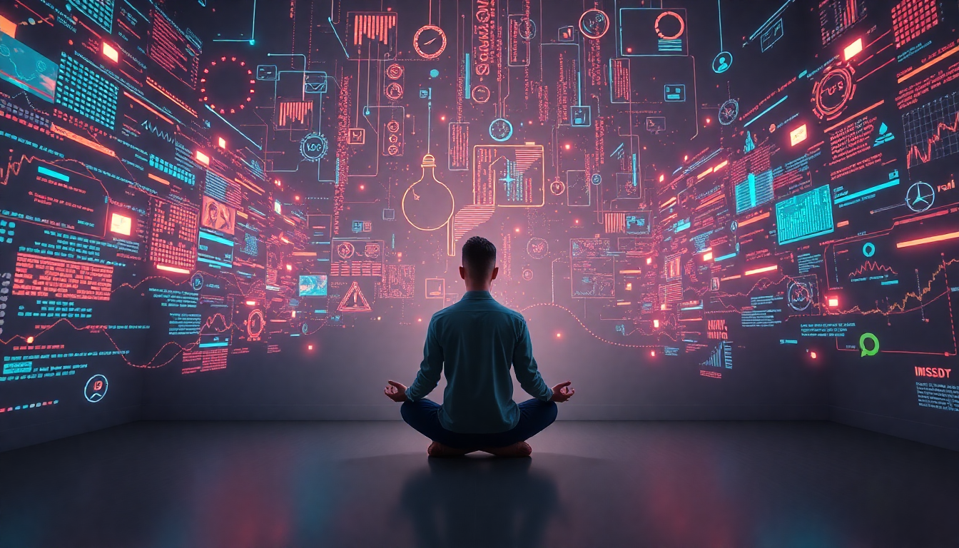 정보와 자극에 시달리는 현대인의 마음과 위빠사나 명상을 통해 마음의 평화를 찾는 모습