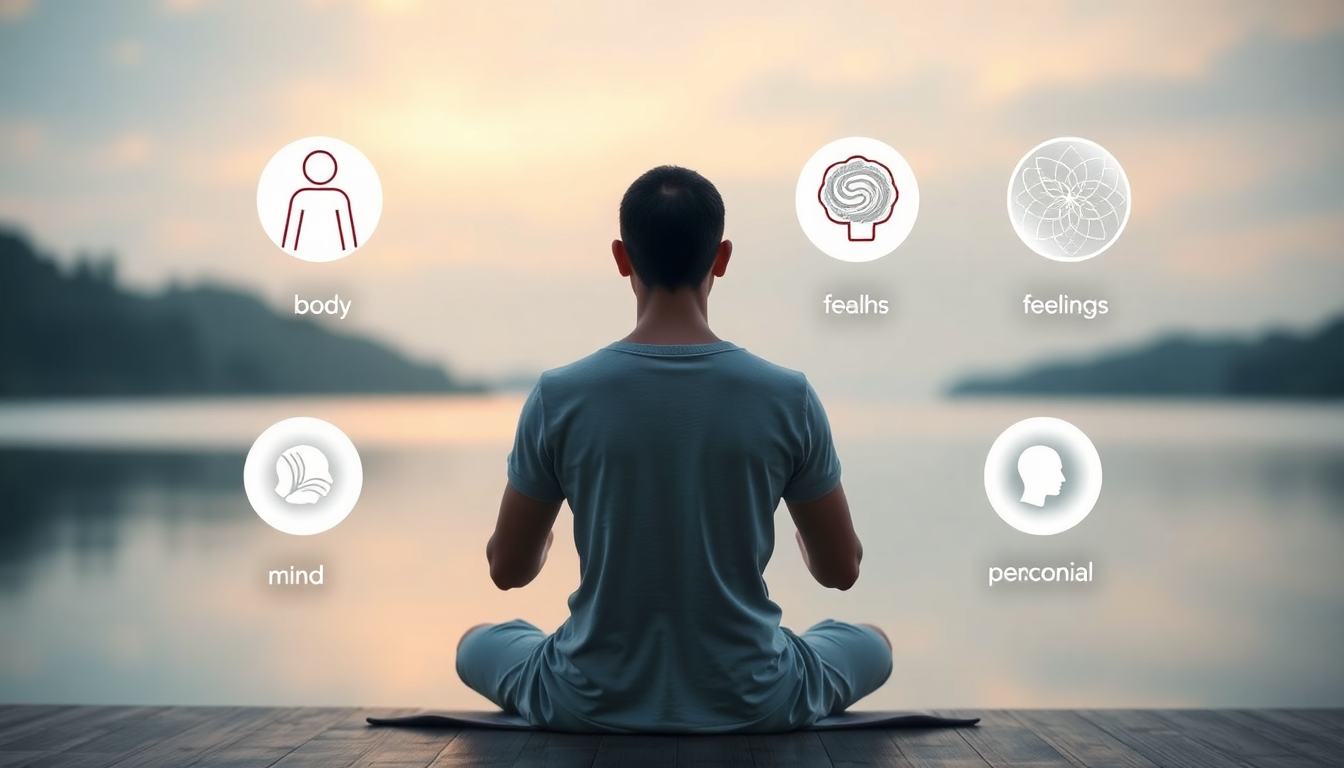 사념처 네 가지 마음챙김의 확립을 상징하는 이미지를 배경으로 명상하는 사람