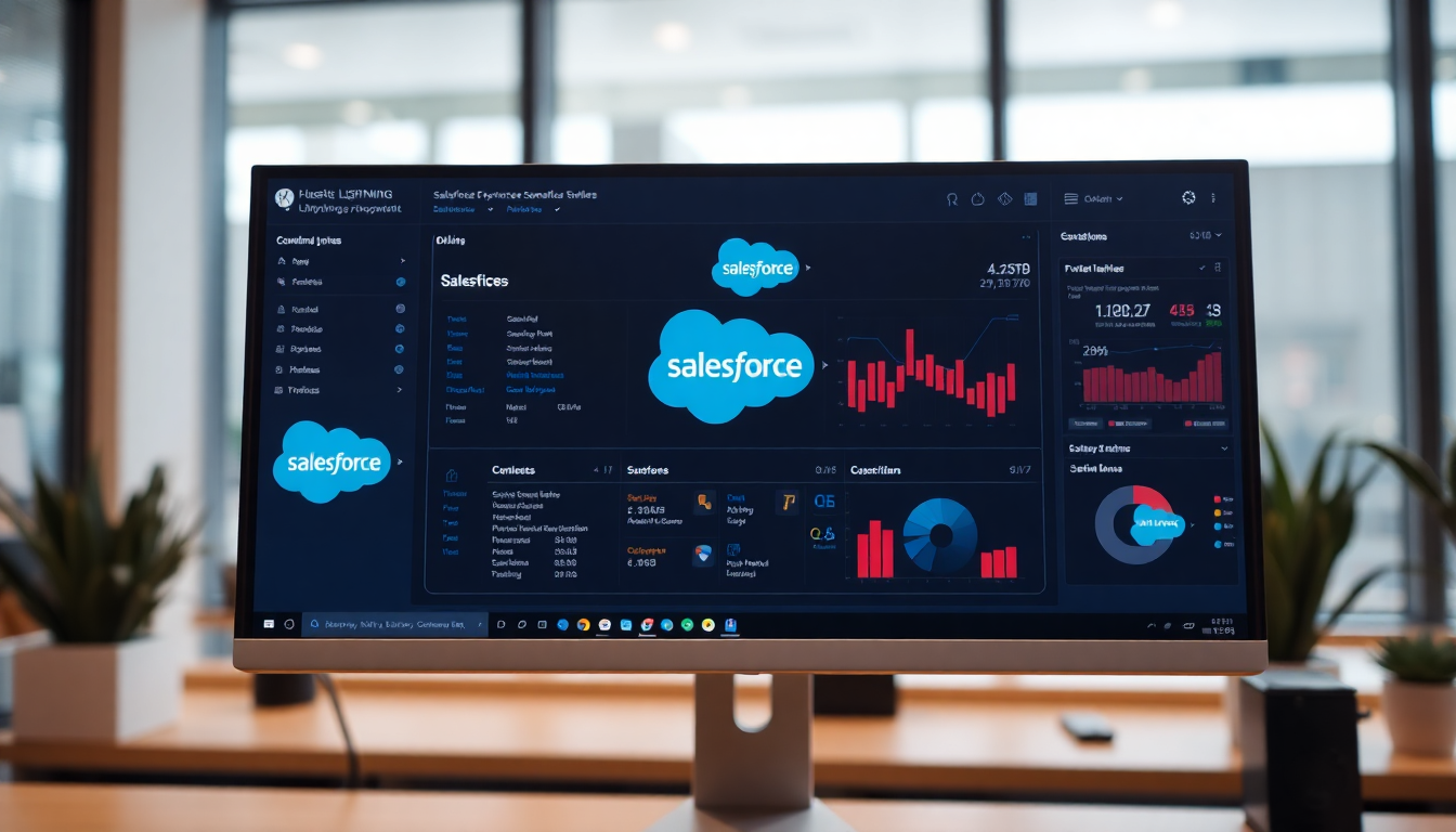 Salesforce Lightning Experience의 사용자 인터페이스를 보여주는 동적인 버튼과 복잡한 데이터 시각화 화면