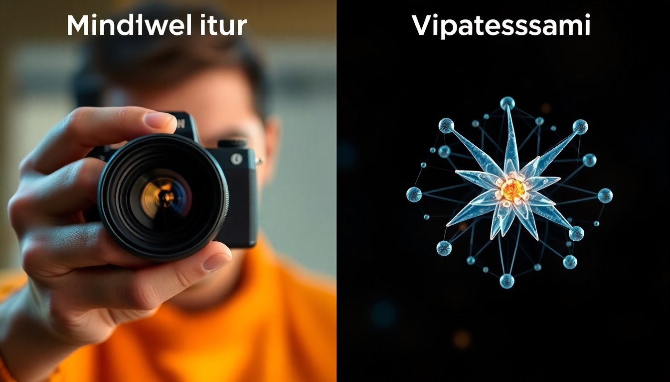 마음챙김과 위빠사나의 관계를 카메라 줌과 원자 구조 사진으로 비유한 개념적 이미지