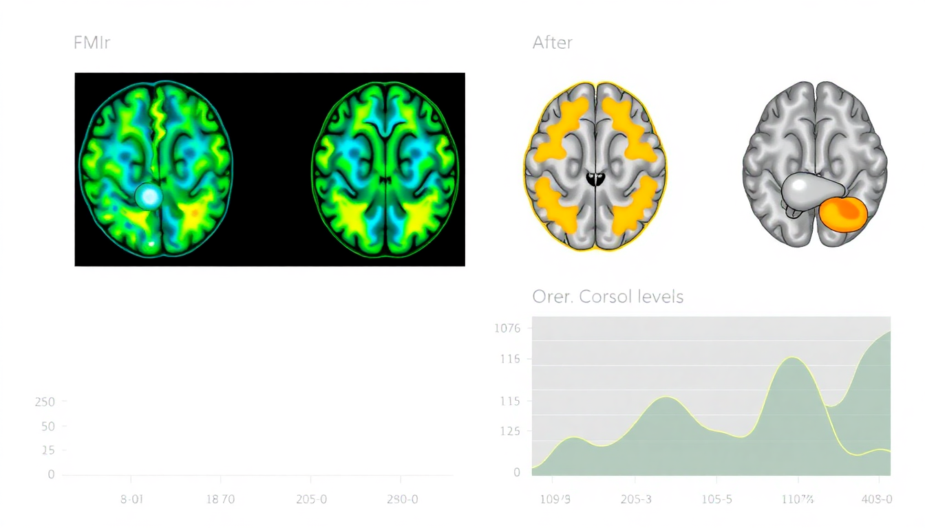 명상 전후 뇌 활성화 변화와 코르티솔 수치 변화를 보여주는 인포그래픽