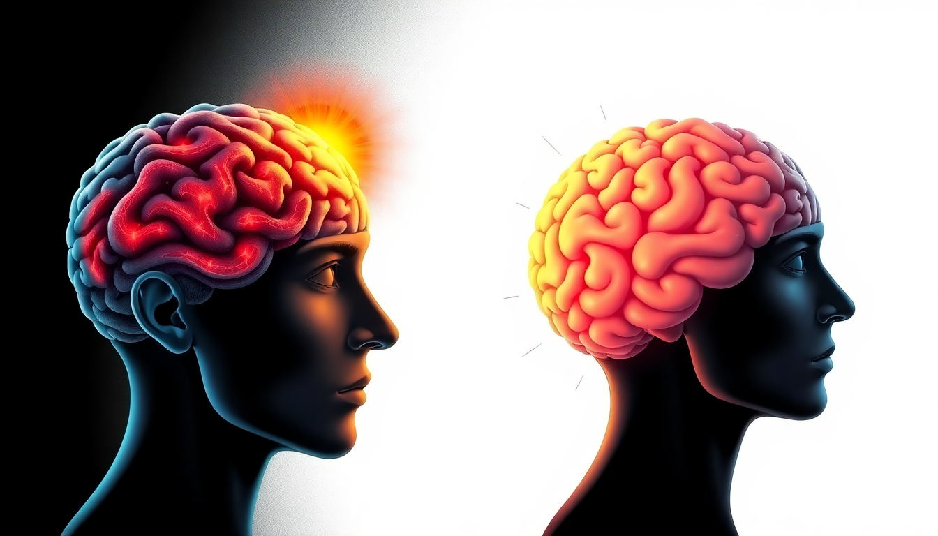 스트레스받는 뇌와 평온한 뇌를 비교한 일러스트