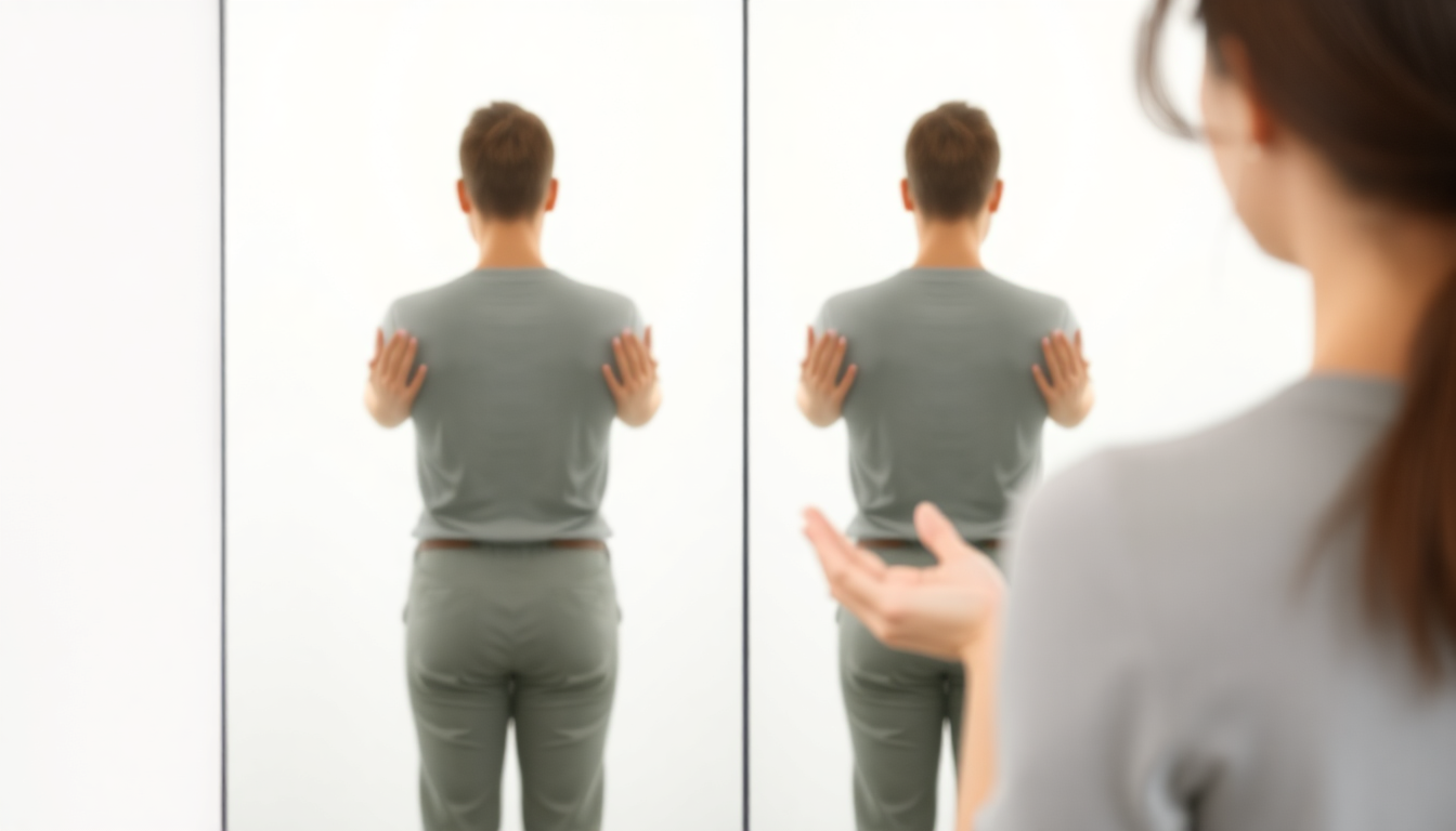 거울 앞에서 편안히 서서 라운드숄더 자가 진단을 하는 모습